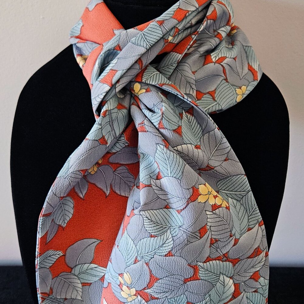 Japanese Kimono Scarf S4487 - Orange and Grey Leaf Poly Scarf